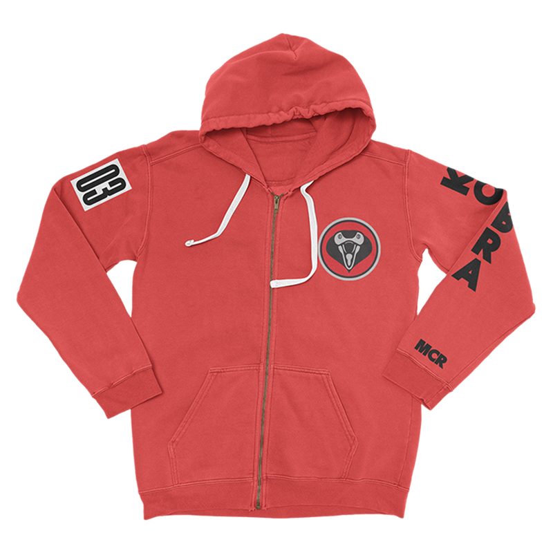 Red zip up hoodie with cobra circle front graphic, 03 racer number right sleeve graphic, Kobra left sleeve graphic and MCR left wrist graphic.