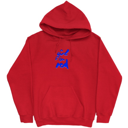 A girl in red hooded pullover sweatshirt in red with a pouch pocket, constructed from a 50% cotton / 50% poly fleece, and featuring a girl in red logo on the front in a polyneon/high shine thread. 