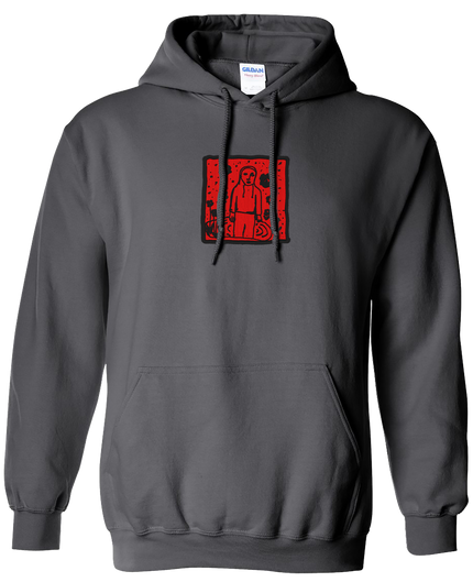 A girl in red hooded pullover sweatshirt in charcoal, constructed from a 50% cotton / 50% poly fleece blend.