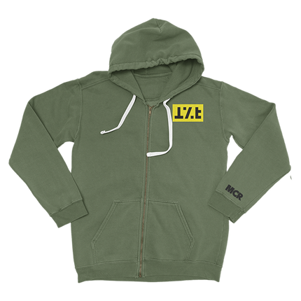 Military green zip up hoodie with text front graphic, MCR left wrist graphic, and sewn up smiley face back graphic.