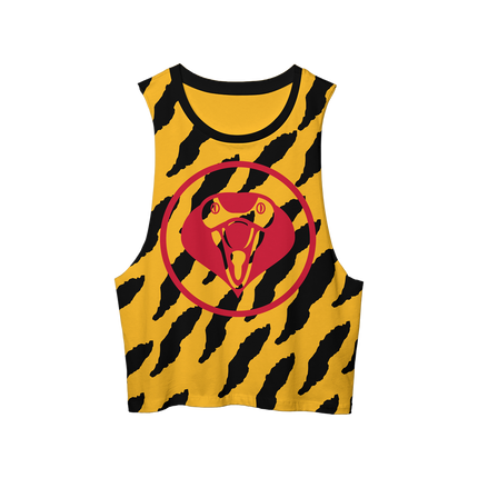 Black and yellow animal print muscle tank with red cobra circle graphic and black collar lining.