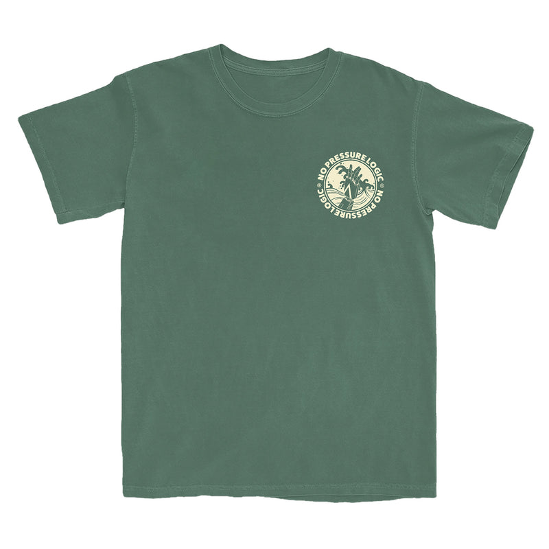 Image of a faded green short sleeve t-shirt with a circular No Pressure logo on the front left chest and an old sci-fi marquee design on the back. 