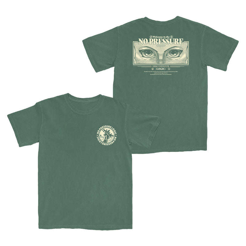 Image of a faded green short sleeve t-shirt with a circular No Pressure logo on the front left chest and an old sci-fi marquee design on the back. 